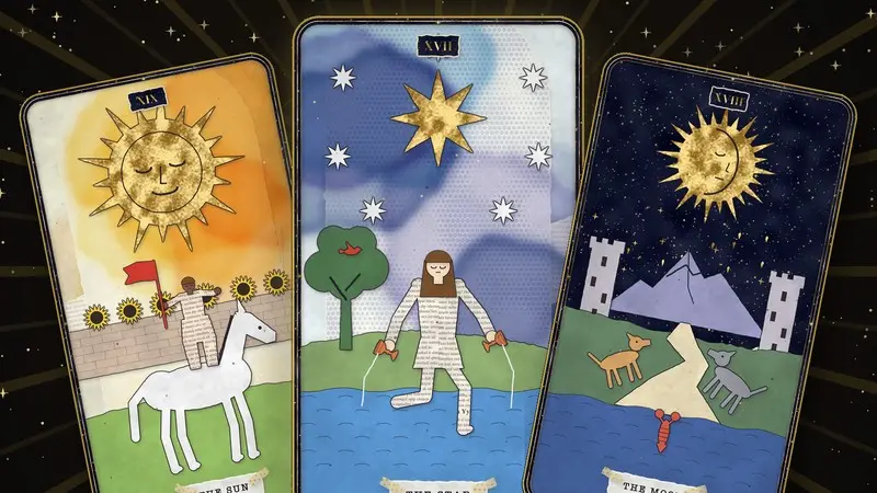 Three tarot cards from The Wonder Within deck: The Sun, The Star and The Moon